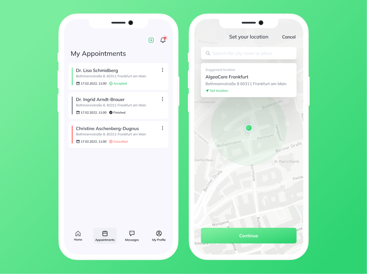 Algea Care appointments and location screens