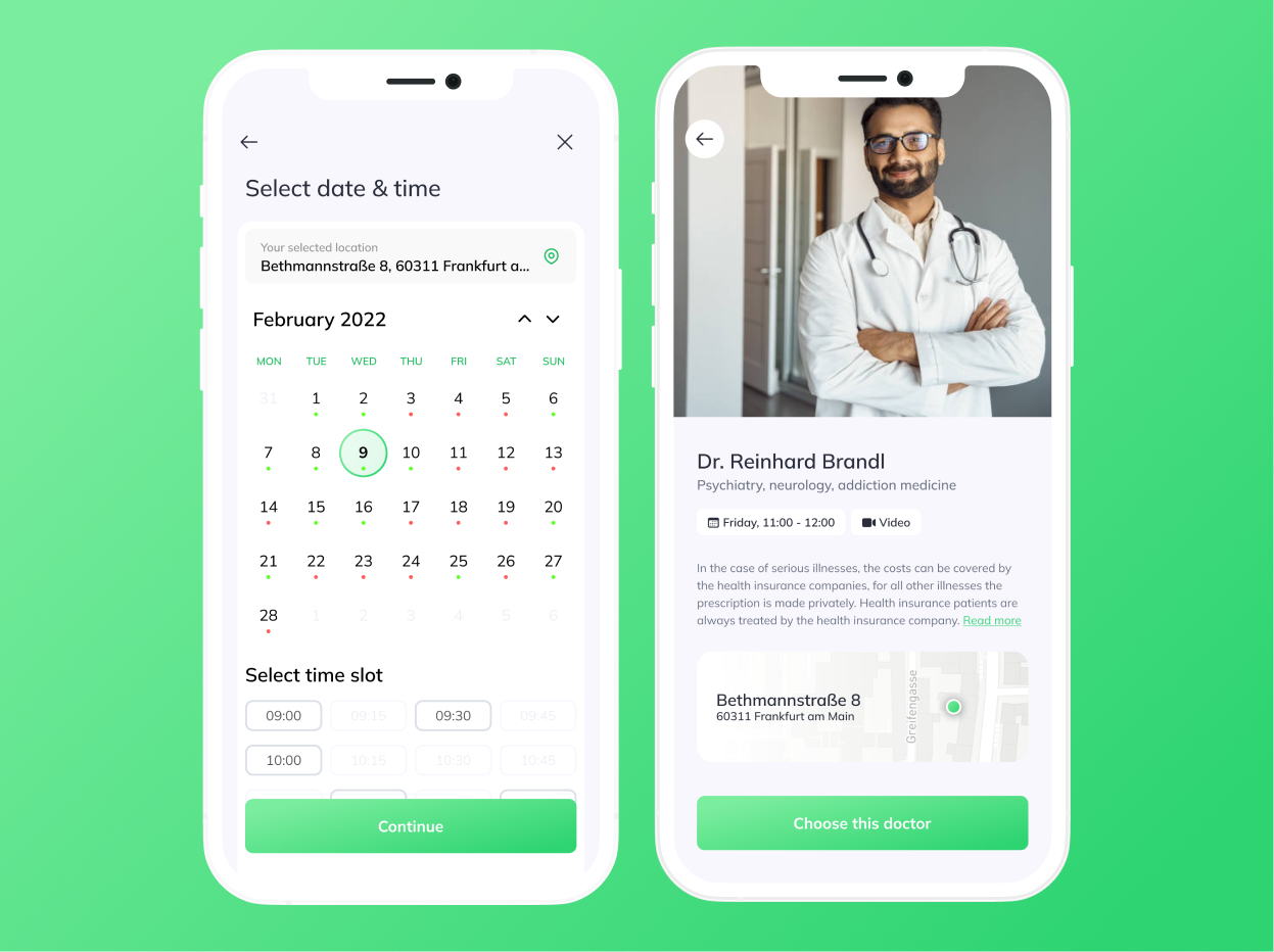 Algea Care date picker and doctor profile