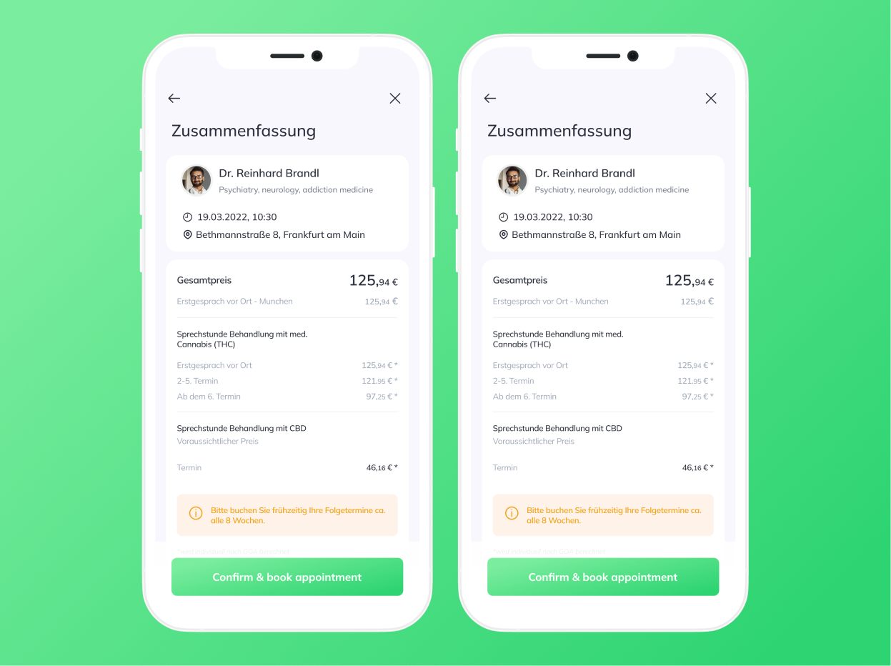 Algea Care booking summary screens
