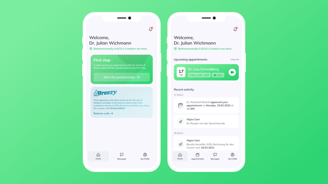 Algea Care — app home and appointments