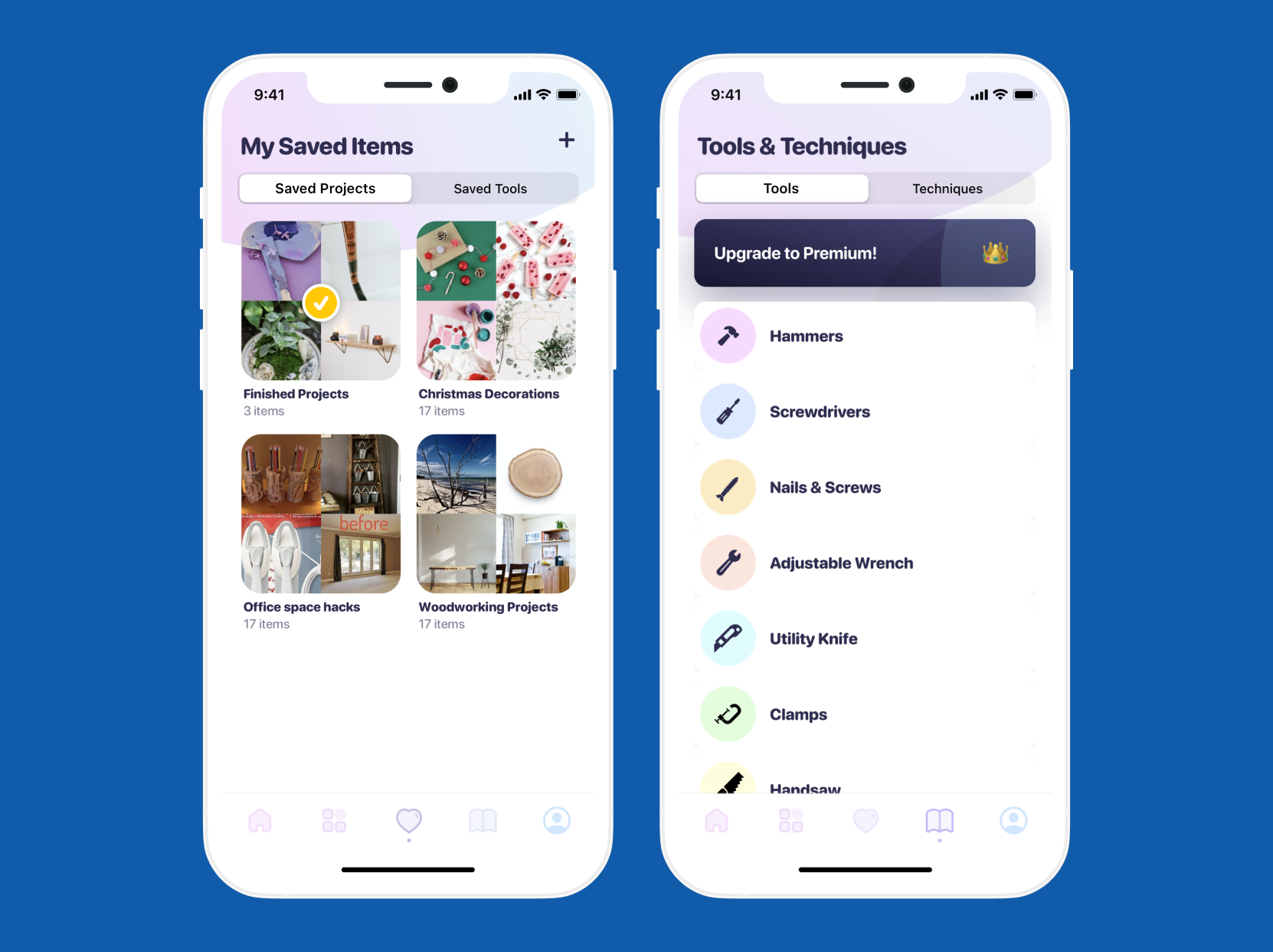 Skeuomo saved items and tools screens